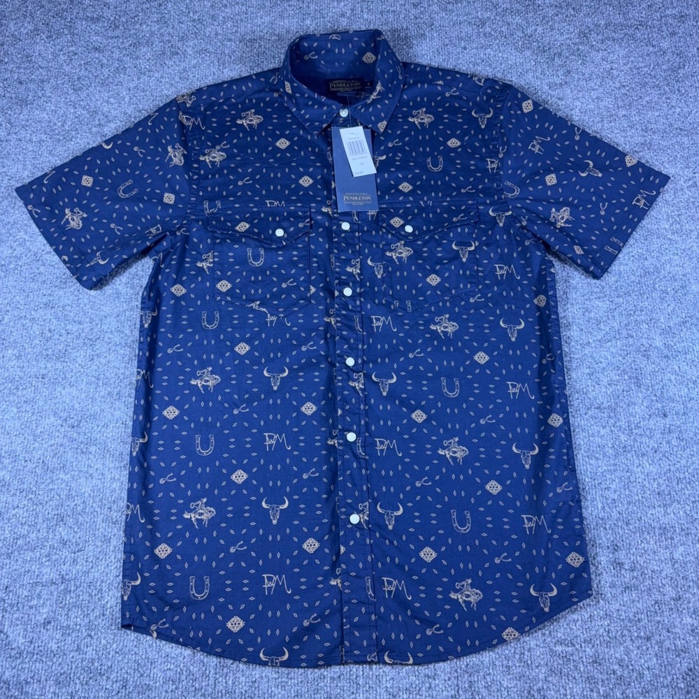 Pendleton Mens Blue Rodeo Print Short Sleeve Western Pearl Snap Shirt Small NEW